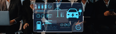 A modern business meeting showcasing electric vehicle data visualization with solar energy charts....
