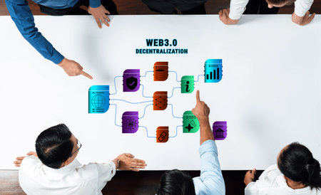 Group of business professionals engaged in a discussion about web3.0 technology, featuring graphical...