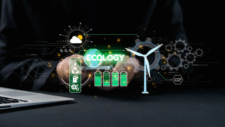 A person interacts with a digital ecology-themed interface showcasing wind turbines, batteries, and...