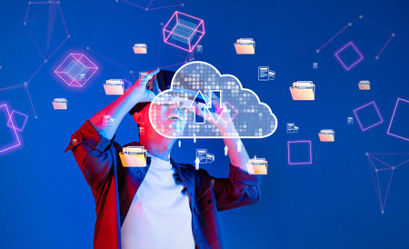 A young man interacts with virtual reality technology, exploring cloud computing and online storage...