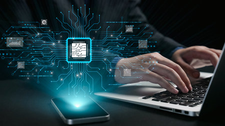 A modern technology illustration showcasing a digital chip between a smartphone and laptop,...