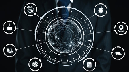 Global shipping icons show transport, logistics, and cargo delivery. Global shipping connects supply...