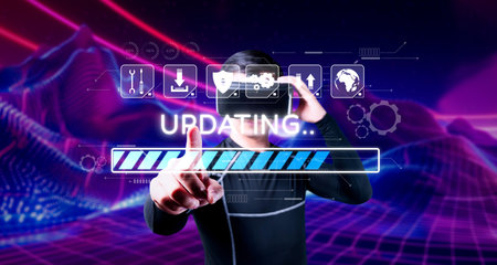 A person is immersed in a virtual reality setting, engaging with a software update progress bar,...