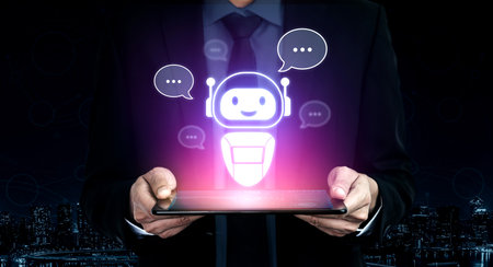AI chatbot virtual assistant interacting with users through AI conversation bubbles, symbolizing AI...