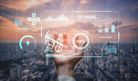 Charging interface for electric vehicles showing real-time battery level, charging status, power output, station location, and navigation for efficient energy managementの写真素材