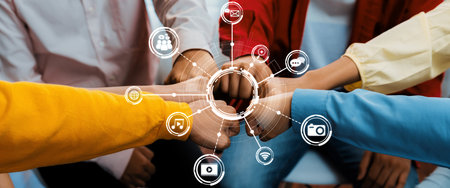 Startup company employee team stacking hand together symbolize successful group of business...