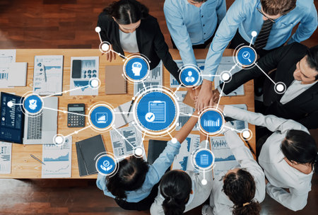 Engaging image of diverse professionals collaborating in a modern office. The scene highlights...