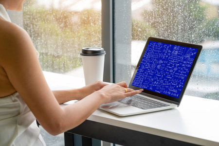Mathematic equations and modish formula on computer screen showing concept of science and education