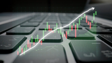This image illustrates the intersection of finance and technology, showcasing a stock market trend...