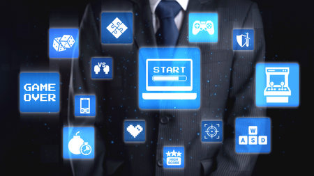 Gaming icons show online gaming, game streaming, and interactive play. Gaming supports esports, game...
