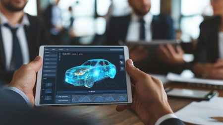 Electric car design software on computer screen showing simulation blueprint brisk by digital calculating application for manufacturing preparationの素材