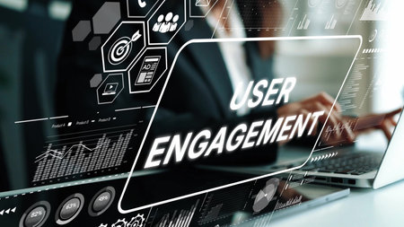 Modern Technology Concept Displaying User Engagement with Graphs and Data Insights for Digital...