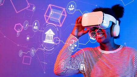 A young woman joyfully uses virtual reality technology in a vibrant setting, surrounded by digital...