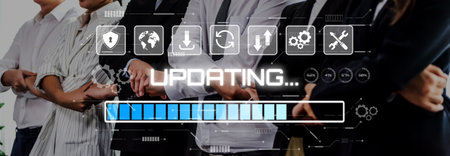 A diverse group of professionals in suits engaged in collaboration, with a digital interface...