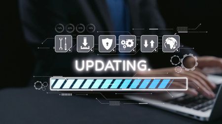 A sleek digital technology interface illustrates the process of updating data with a progress bar,...