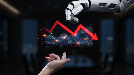 A high-tech robot hand interacts with financial graphs in a sleek office, showcasing the fusion of...