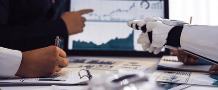 A business team collaborates in a modern office, analyzing data trends with the aid of advanced...