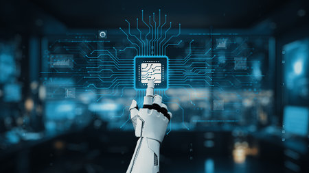 A robotic hand elegantly interacts with a luminous digital circuit board, embodying the essence of...