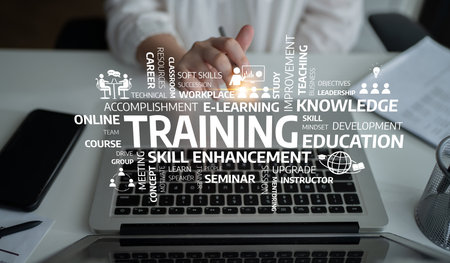 Visual representation of training themes, emphasizing skill enhancement, e-learning, and knowledge...