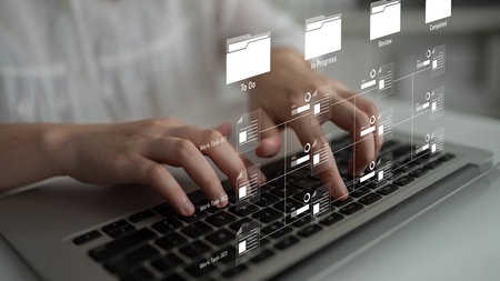 Task workflow system showing document progress through stages. Task tracking improves productivity,...