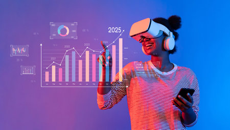 A vibrant scene showcasing a business professional using virtual reality to analyze growth trends,...