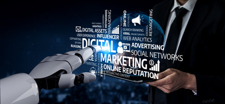 A digital marketing illustration featuring a robotic hand and a businessman, showcasing themes of...