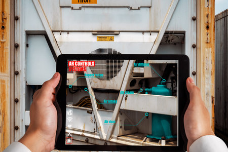 Engineer use augmented reality software in smart factory production line with automated application...