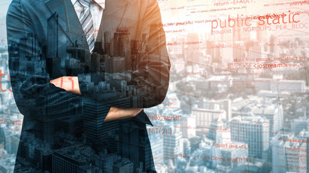 A professional businessman stands confidently with arms crossed, overlooking a vibrant cityscape....
