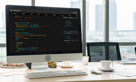 Software development programming on computer screen for modish application and program coding