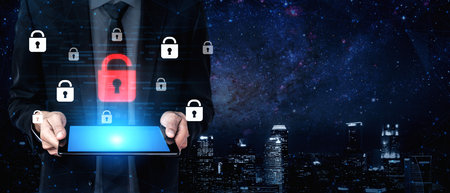Digital security concept illustrating a cybersecurity breach, with a red unlocked padlock indicating...