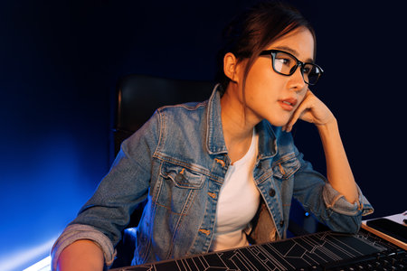 Stressful young beautiful asian creative with glasses looking on pc to search project creator social...
