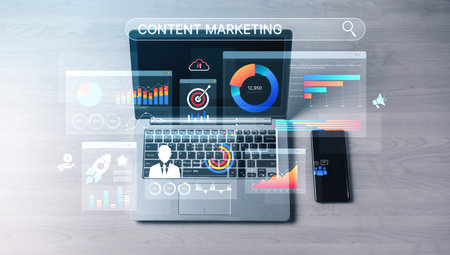Content marketing interface with data dashboards, analytics charts, and content tools. Marketing...