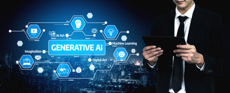 A businessman stands holding a tablet, immersed in the world of generative AI and digital art,...