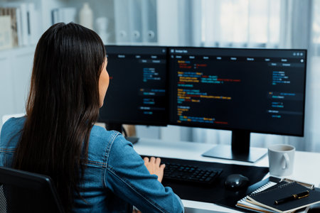 Young IT developer creating with typing online information on pc with coding program data of website...