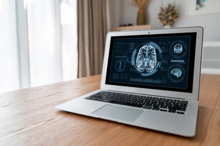 Medical science technology and futuristic healthcare virtual computer software analyze human health...