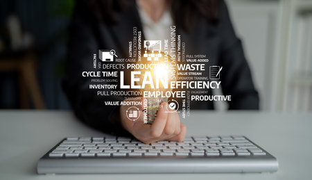 A focused business professional engages with Lean management principles, highlighting efficiency,...