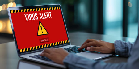 Virus warning alert on computer screen detected brisk cyber threat , hacker, computer virus and malwareの素材
