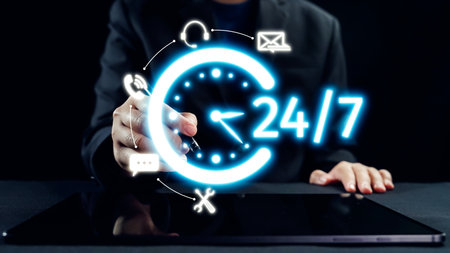 A businessperson interacts with a tablet, highlighting the 24 hour availability concept through...