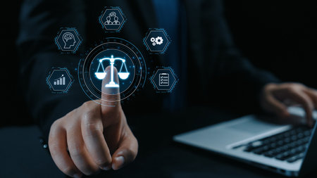 Futuristic digital law interface displaying justice scale, highlighting digital law, AI compliance,...