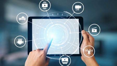 Multimedia technology with video, audio, photo and streaming icons representing digital media,...