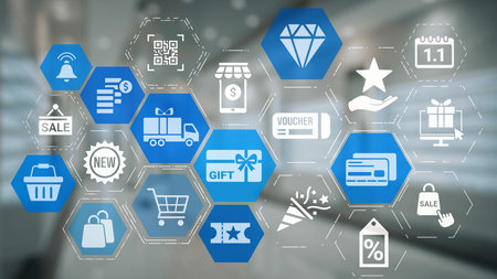Digital gift card icons show e-commerce, payment, and digital gift card redemption. Digital gift...