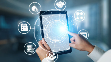 Concept of task management optimizes business efficiency. This system streamlines workflows,...