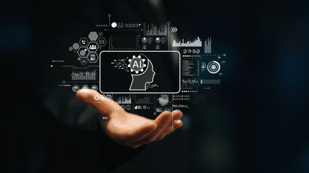 Hand Holding Digital Interface with Artificial Intelligence Concept and Data Visualization Elements....