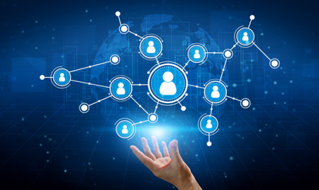 Visual representation of a digital network showcasing user connections in a virtual environment,...
