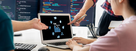 Cost reduction, cost saving concept shown on computer screen brisk, corporate business efficiently...