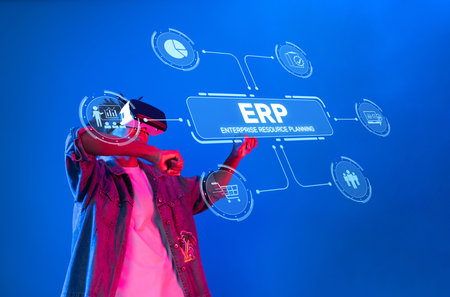 A professional wearing virtual reality goggles interacts with a digital interface showcasing...