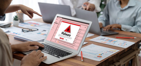 Cyber attacking concept. Malware alert showing on computer screen display scam and threat detection...