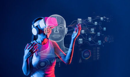 A woman engages with advanced virtual reality technology, exploring data analytics and personal...