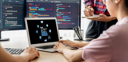 Cost reduction, cost saving concept shown on computer screen brisk, corporate business efficiently...
