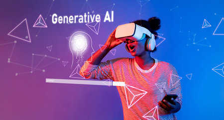 A young woman joyfully explores the realm of generative AI through a virtual reality headset,...